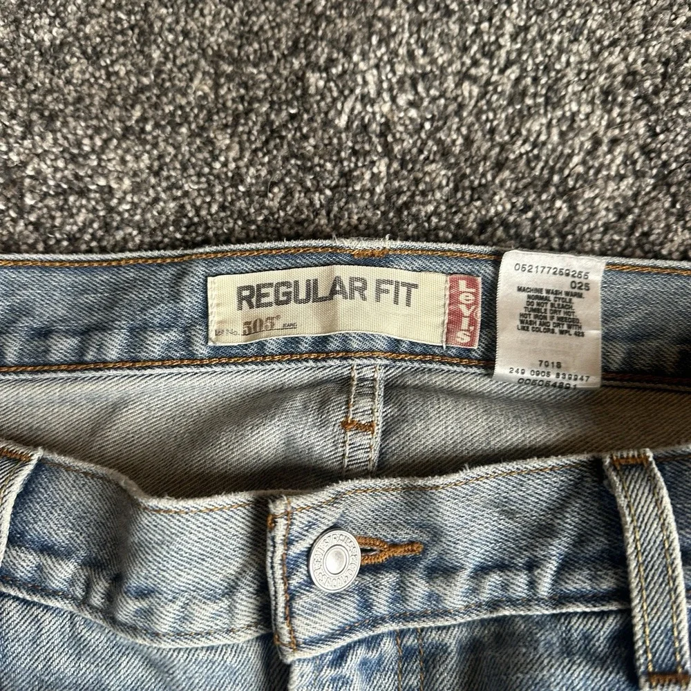 Levis 505 Jeans 38x32 Blue Distressed Denim Straight Leg Faded Y2K Grunge Skater